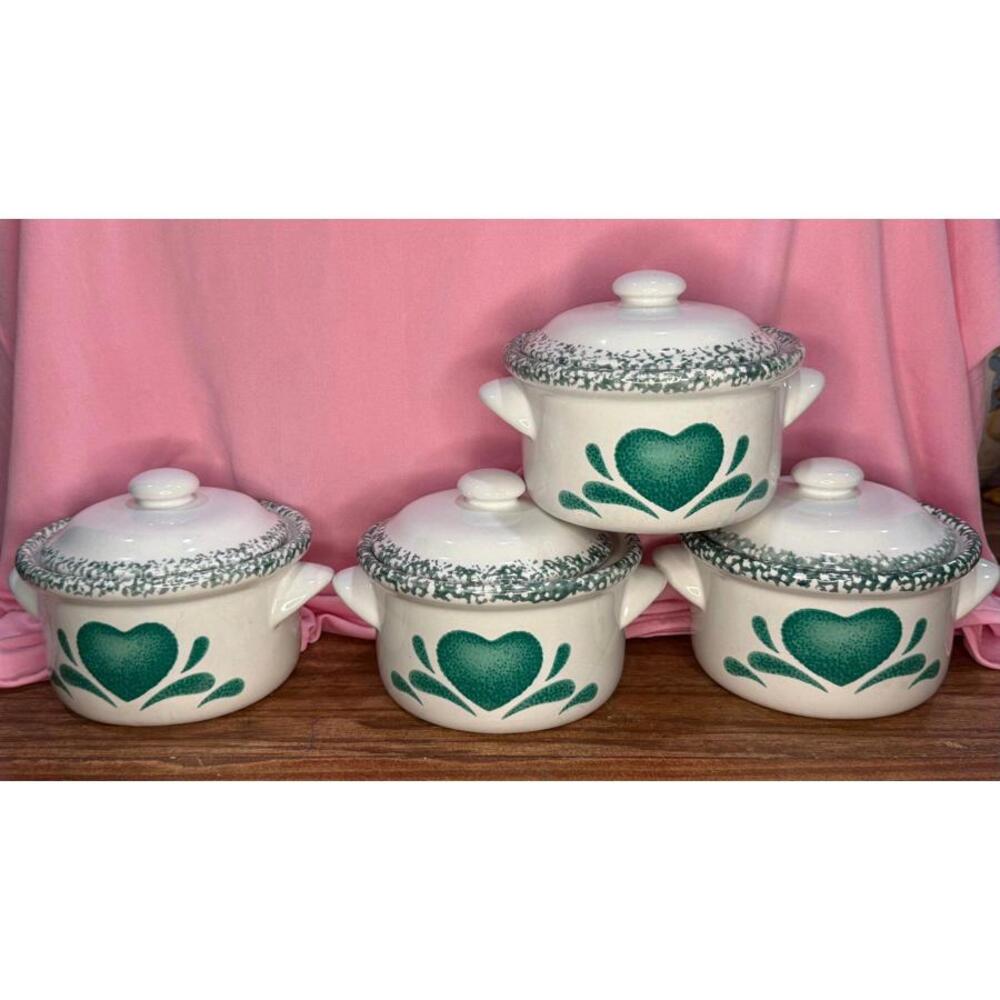 4 Piece Set Green Heart Ceramic Bowl w/ Lid